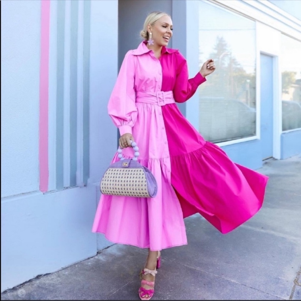 Christopher John Rogers Pink Two Tone Midi Dress